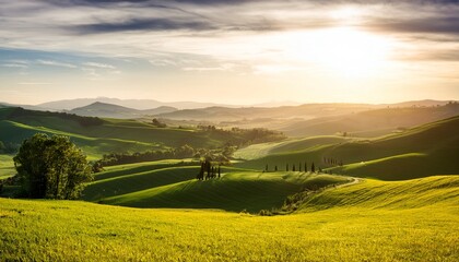 Obraz premium panoramic rolling hills with trees in gorgeous dramatic sunlight