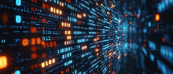 Abstract digital data stream with glowing blue and orange binary code flowing through a futuristic environment, symbolizing technology and information