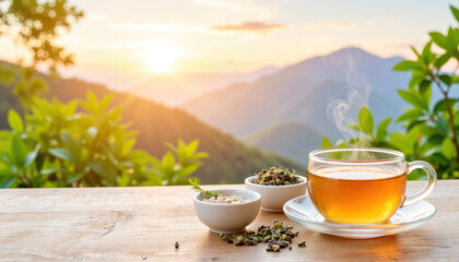 Steaming tea cup with herbs against mountain sunset, wellness and tranquility