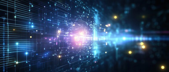 Obraz premium Abstract digital background showcasing vibrant light trails and interconnected data points, symbolizing technology and innovation in a futuristic setting