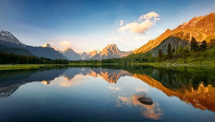 Fototapeta premium breathtaking tranquil lake reflection with towering mountains and ethereal lighting