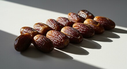 Obraz premium Close up of Sweet Medjool Dates Arranged on a White Surface Sunlit