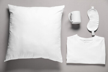 Different blank items for branding on grey background, flat lay. Mockup for design