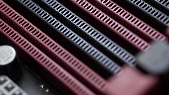Macro Close up of RAM Slots on a Computer PC motherboard
