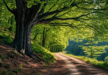 Obraz premium A serene forest path winding under lush green trees, bathed in soft sunlight.