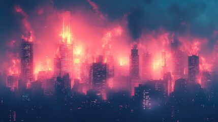 Fototapeta premium City under siege fiery destruction unleashed urban landscape digital art nighttime dramatic concept
