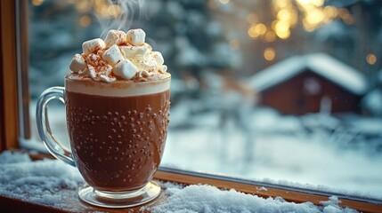 Winter wonderland cocoa with marshmallows by window