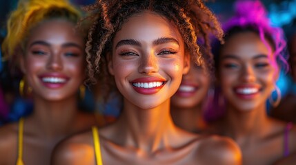 Smiling women with vibrant hair colors radiating joy in a group