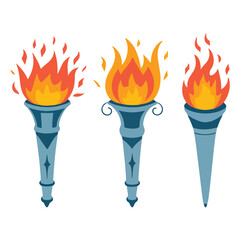 Flaming Torches Set Cartoon Torch with Flame, Burning Fire for Sports, Competitions