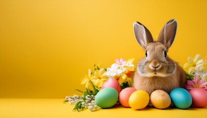 Obraz premium easter bunny with colorful eggs and flowers on yellow background with copy space