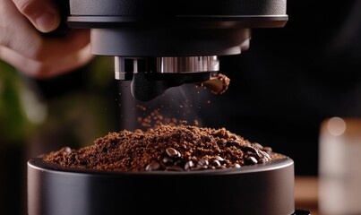 Coffee grinder grinding fresh coffee beans beautifully.