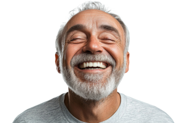 Mature man joyfully laughing, eyes closed in glee, cut out transparent