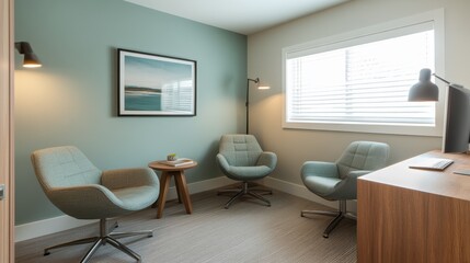 Contemporary workspace with a single framed artwork and soft-toned furniture