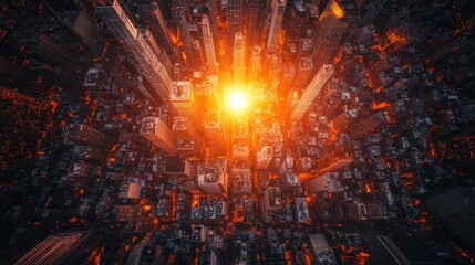 Fototapeta premium Sunset over city skyscrapers urban landscape aerial view vibrant atmosphere modern architecture