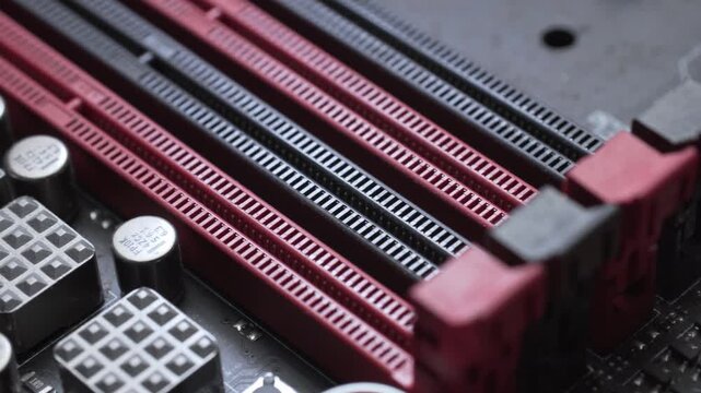 Macro Close up of RAM Slots on a Computer PC motherboard
