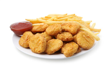 Tasty chicken nuggets and french fries with sauce isolated on white