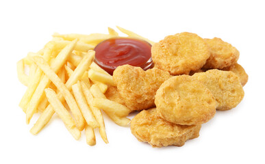 Tasty chicken nuggets and french fries with sauce isolated on white