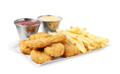 Tasty chicken nuggets and french fries with sauce isolated on white