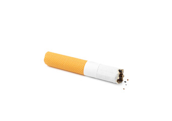 One cigarette butt isolated on white. Smoking habit