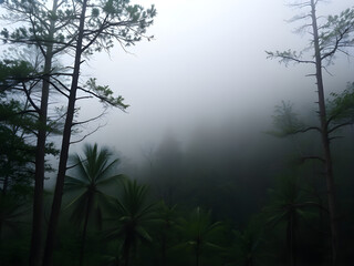 Serene and peaceful, a nature-inspired background with a misty forest