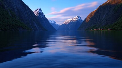 Obraz premium Serene fjord reflecting mountain peaks