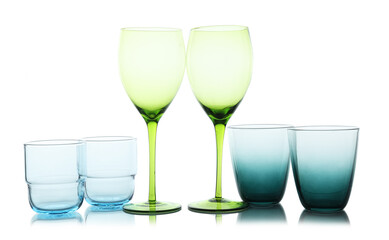 Many empty clean glasses isolated on white