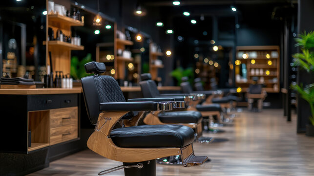 A modern barber shop interior with sleek chairs and stylish wooden shelving, exuding sophistication and style.