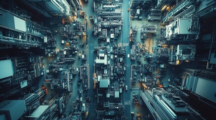 Aerial View of a Futuristic Megalopolis, Industrial Complex and Cityscape