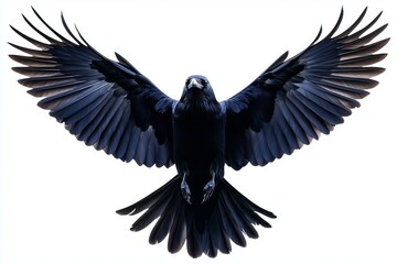 Obraz premium High-resolution image of a crow with wings slightly spread, isolated on a white background, perfect for graphic design and artistic projects