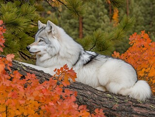 Gray Wolf Resting on Autumn Log.