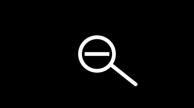 A simple magnifying glass with minus icon animation on black background.