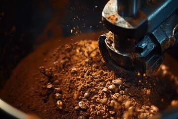 Grinding coffee beans making fresh aromatic powder.