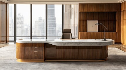 Large and luxurious office space centered around a grand L-shaped marble and wood executive desk