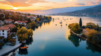 Obraz premium A peaceful bay sparkles under the setting sun, with boats dotting calm waters and golden light bathing the quaint village.