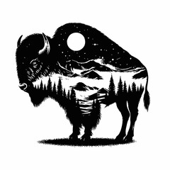 Bison Silhouette with Night Sky, Mountains and Trees Landscape Illustration