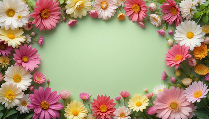 Flowers on pastel green background with blank space on the side for copy and text for Valentine's Day, Easter, Birthday, Women's Day, Mother's Day. Flat layout, beautiful composition