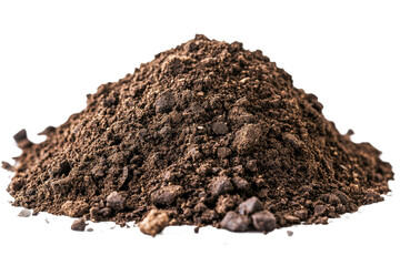 Heap of dark brown soil isolated on black background, cut out transparent