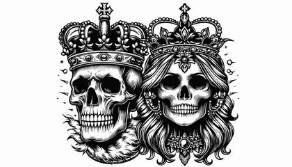 Fototapeta premium Two Skulls with Crowns in Detailed Black and White Drawing Style Illustration