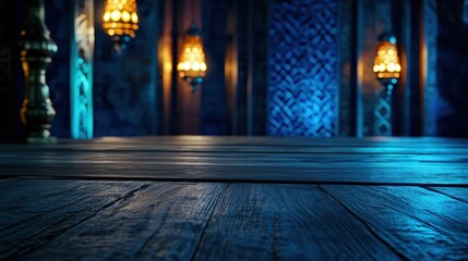 Wooden table in a dark, ornate interior with hanging lights