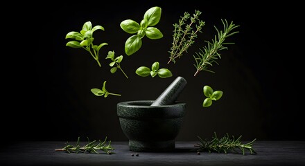 Fresh green herbs basil rosemary thyme in dark mortar and pestle food diet spice black image plant