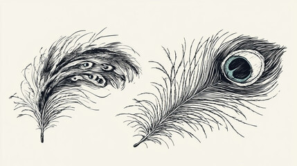 Hand drawn feathers. Sketch bird feather, retro artistic drawing ink pen and eagle, peacock birds feathering black calligraphy sketch silhouette.  isolated illustration symbols set