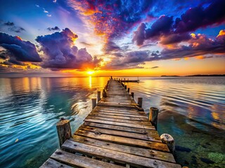 Obraz premium Abandoned Jetty Sunset Bokeh Photography, Dramatic Sunset, Coastal Scenery, AI Art
