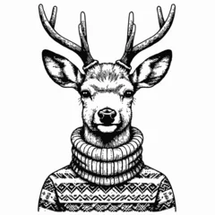  Deer Head with Antlers Wearing a Sweater Black and White Vector Illustration © slowbuzzstudio