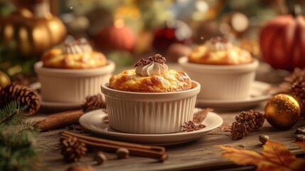 Festive autumn dessert table setting with pumpkin souffle and seasonal decor