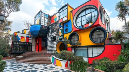Whimsical architecture: A vibrant multicolored building with unique geometric shapes