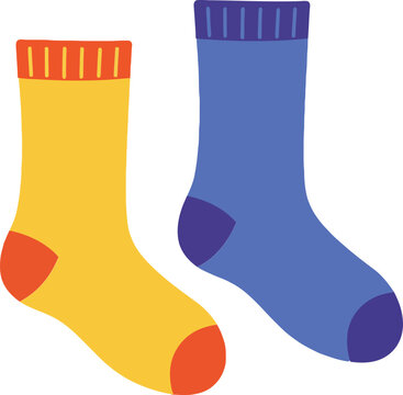 Colorful pair of mismatched socks in flat design style showcasing vibrant hues and playful patterns in vector art