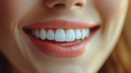 Close-up of woman’s white teeth and healthy gums. Dental care, oral health and hygiene concept. Perfect smile with clean, straight teeth. World Oral Health Day, beauty and self-care