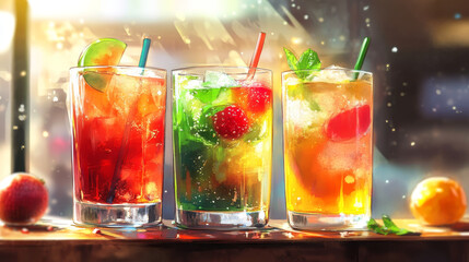 Sketch summer drinks. Glass of soft drink, cold fruit juice and colorful coctalis hand drawn vector illustration set. Drink cocktail glass, juice fruit healthy