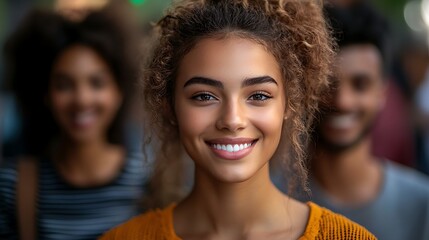 Bright smile of young curly-haired woman in bustling city. Healthy teeth and fresh confidence. Dental care, oral hygiene and wellness. World Oral Health Day celebration with happy expression
