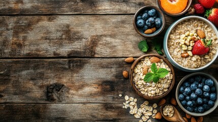 Balanced breakfast setup with oatmeal, nuts, and fruits, bright natural lighting on a rustic table, promoting a healthy start for effective weight loss tips